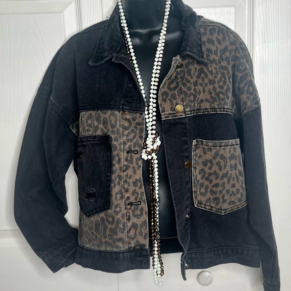 Chic Leopard Accent Print Distressed Black  Jean Jacket Oversized Fit